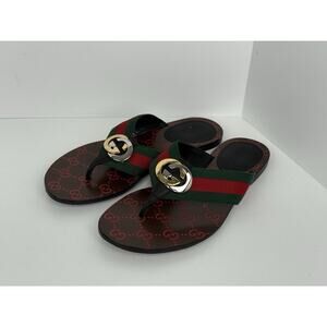 Gucci Kika GG Stripe Leather Flip Flop Thong Slip-On Sandals